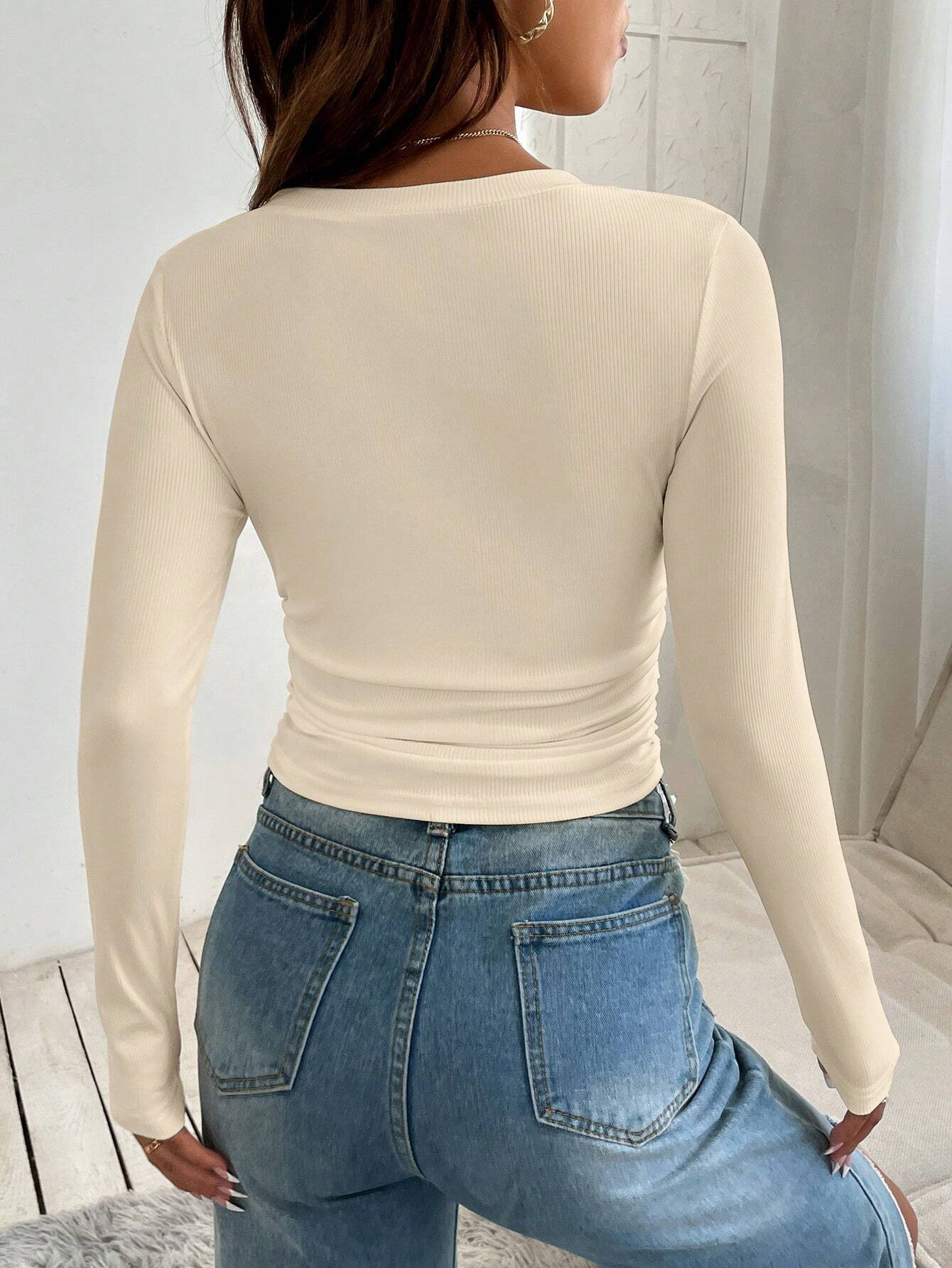 Ethereal Ruched V - Neck Ribbed Knit Top - 12 - 29