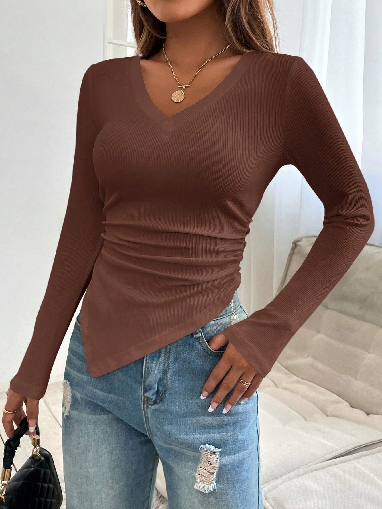 Ethereal Ruched V - Neck Ribbed Knit Top - 12 - 29