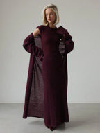 Woman wearing a white knit maxi dress and long cardigan set - View 6 | WEUXS