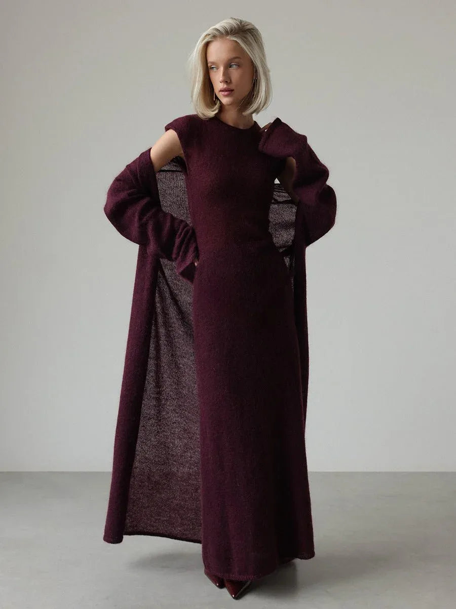 Woman wearing a white knit maxi dress and long cardigan set - View 6 | WEUXS