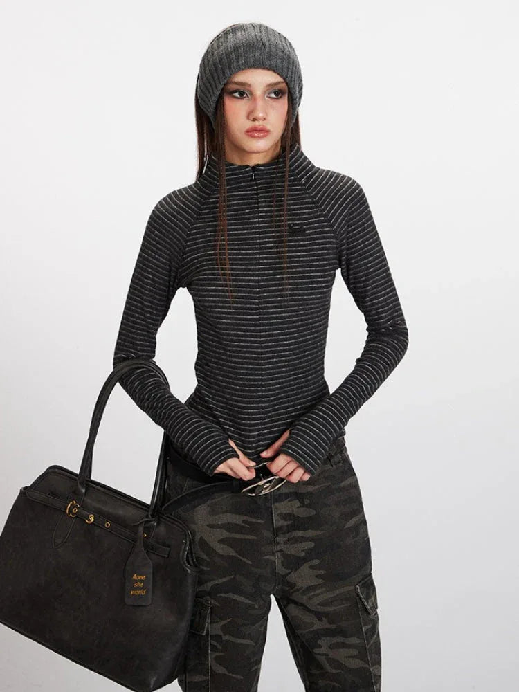 Sporty Striped Mock Neck Raglan Top - WEUXS