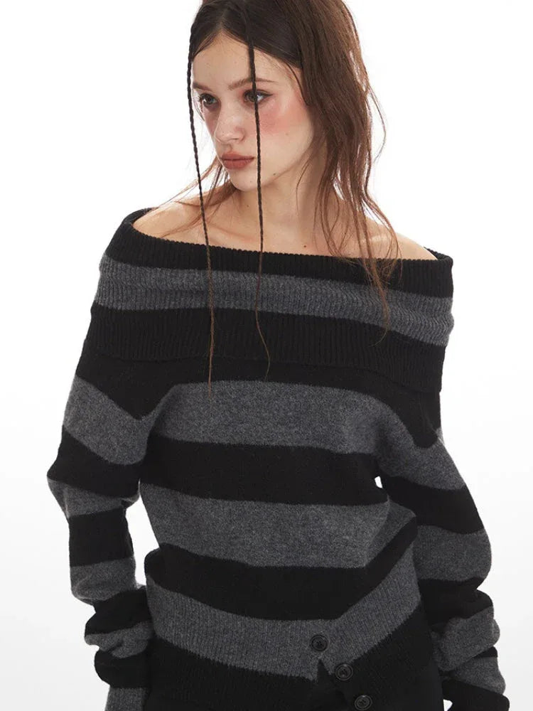 Striped Off-Shoulder Knit Sweater - View 6 | WEUXS