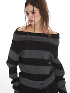 Striped Off-Shoulder Knit Sweater - View 6 | WEUXS