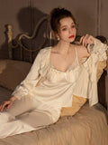 Lace Trim Satin 3-Piece Pajama Set - WEUXS