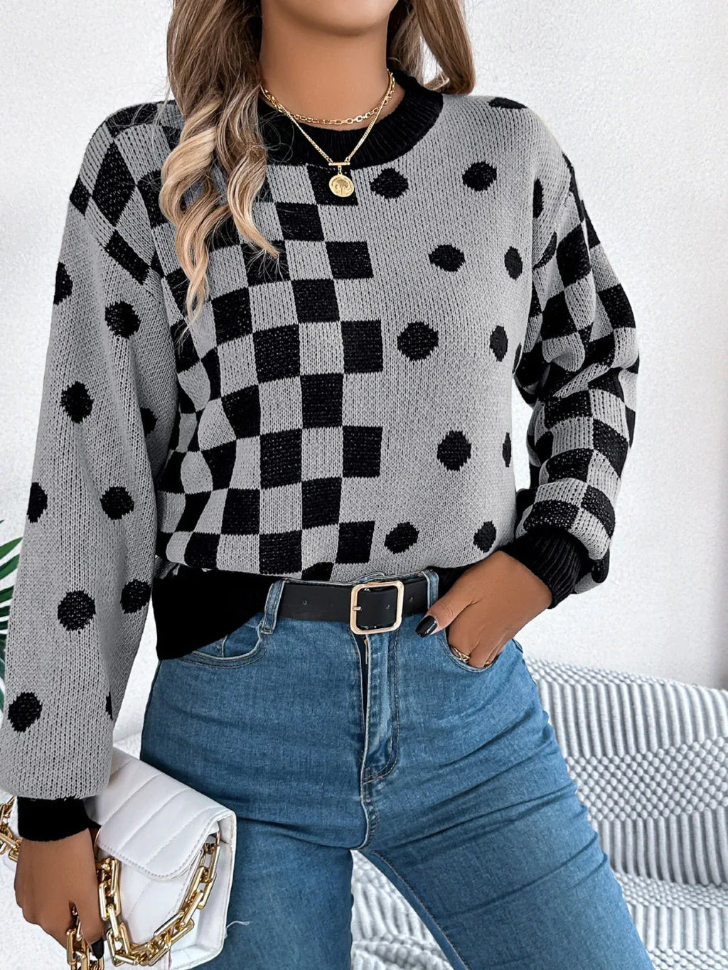 Gray polka dot checkerboard knit sweater - View 6 | WEUXS