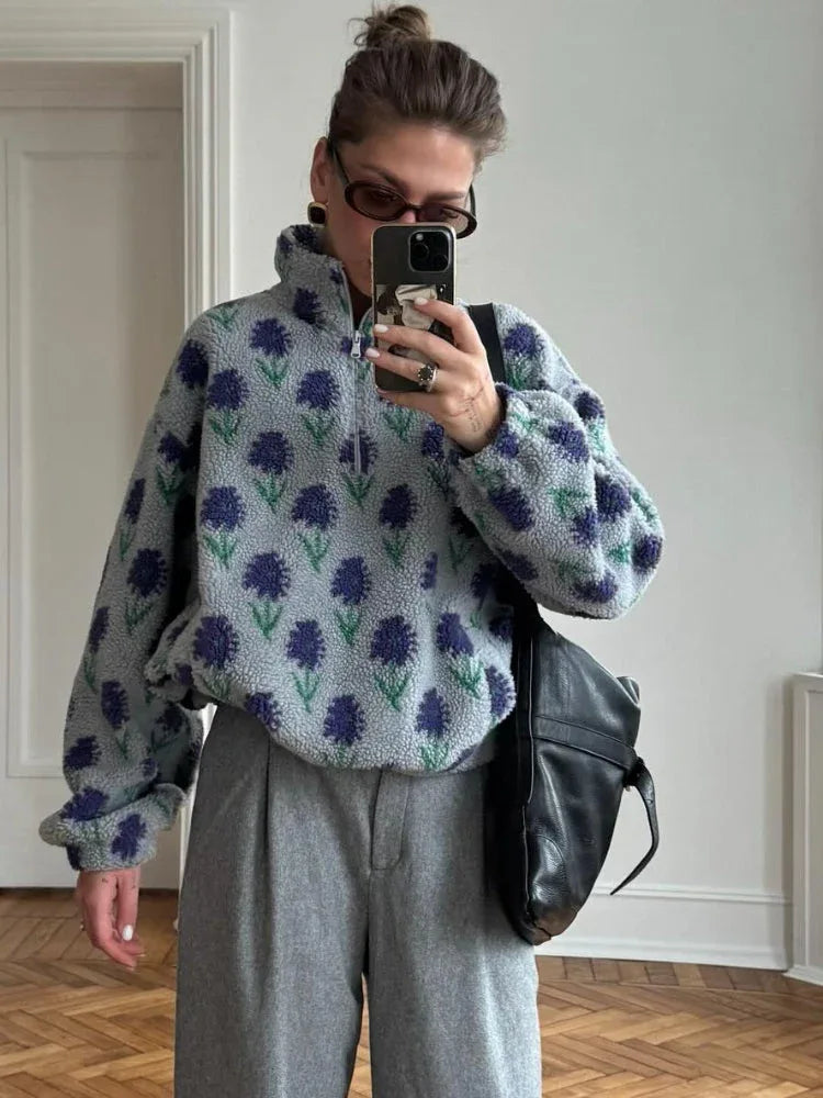 Vintage Floral Sherpa Half-Zip Pullover - WEUXS