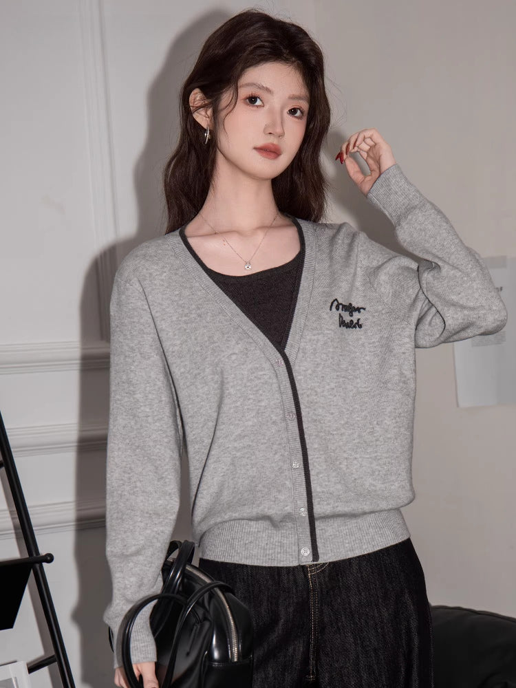 Mock Two-Piece Knit Cardigan with V-Neck