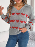 Collared Heart Print Knit Sweater - View 11 | WEUXS