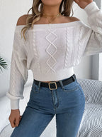 Khaki Off-Shoulder Cable Knit Sweater - View 13 | WEUXS
