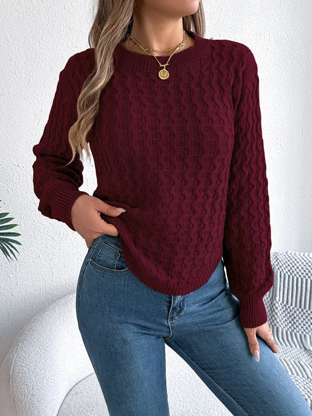 Cable Knit Crew Neck Sweater - View 8 | WEUXS