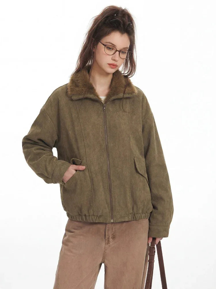 Vintage Faux Suede Aviator Bomber Jacket - WEUXS