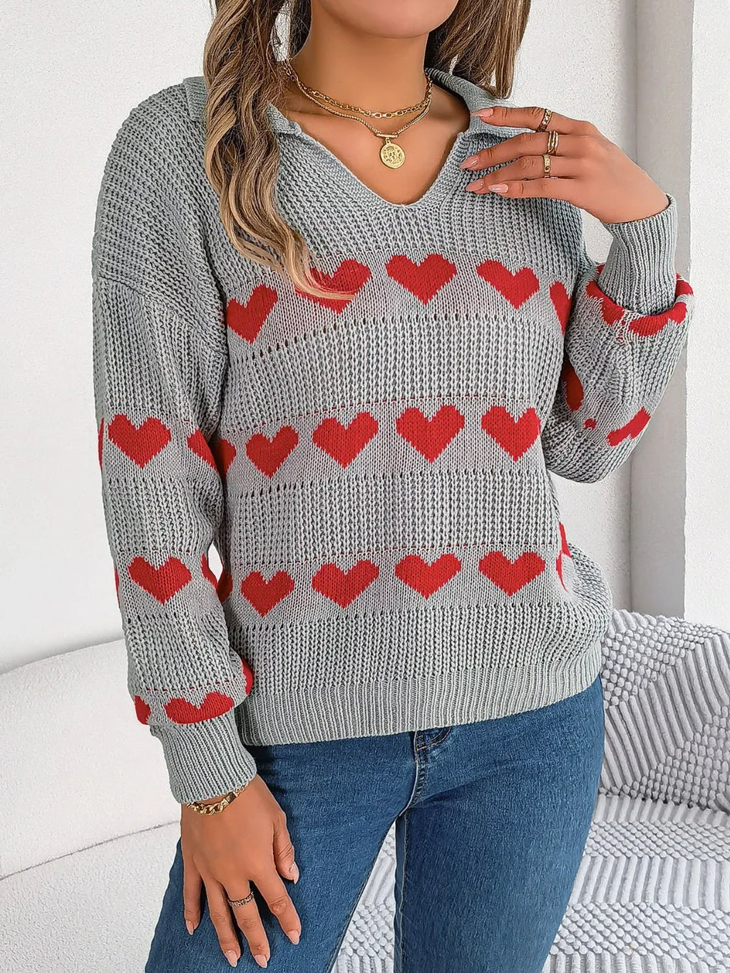 Collared Heart Print Knit Sweater - View 8 | WEUXS