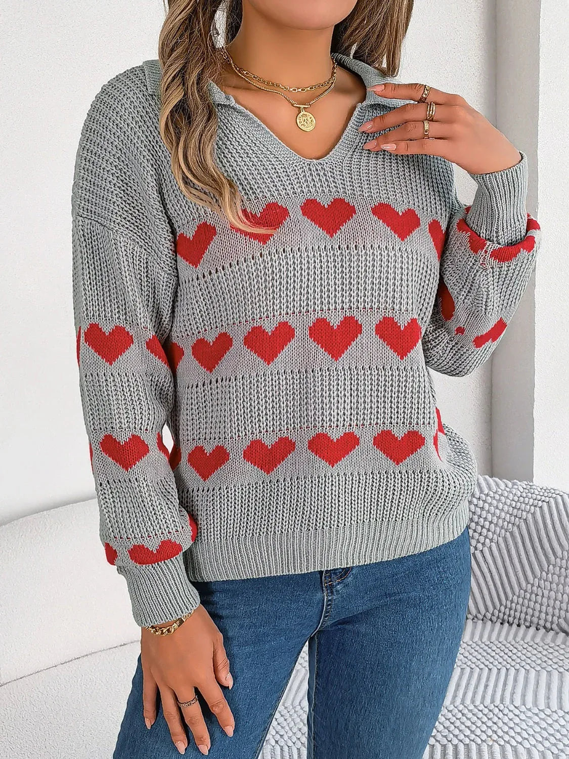 Collared Heart Print Knit Sweater - View 8 | WEUXS