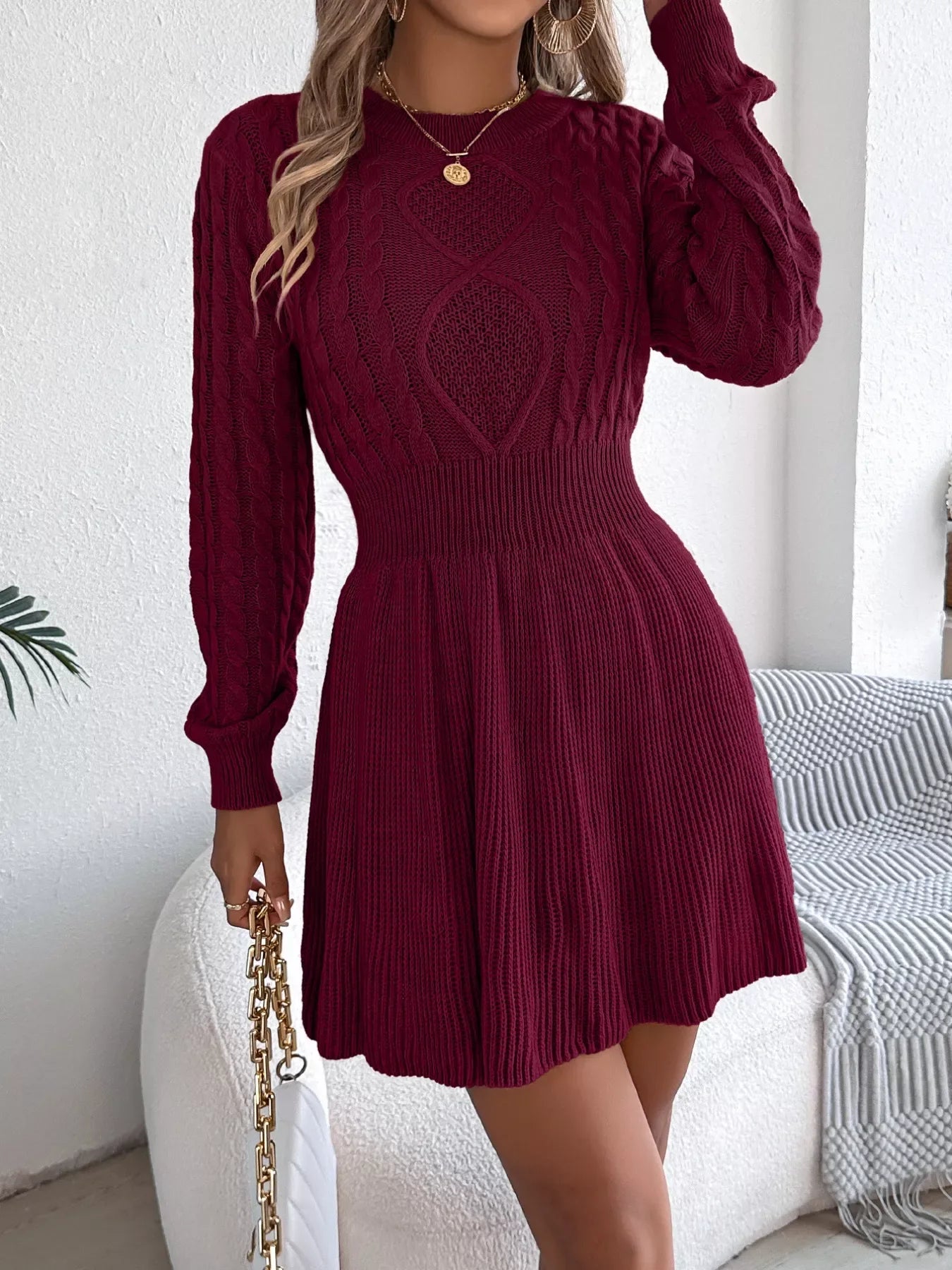 woman wearing a cable knit A-line sweater dress - View 9 | WEUXS