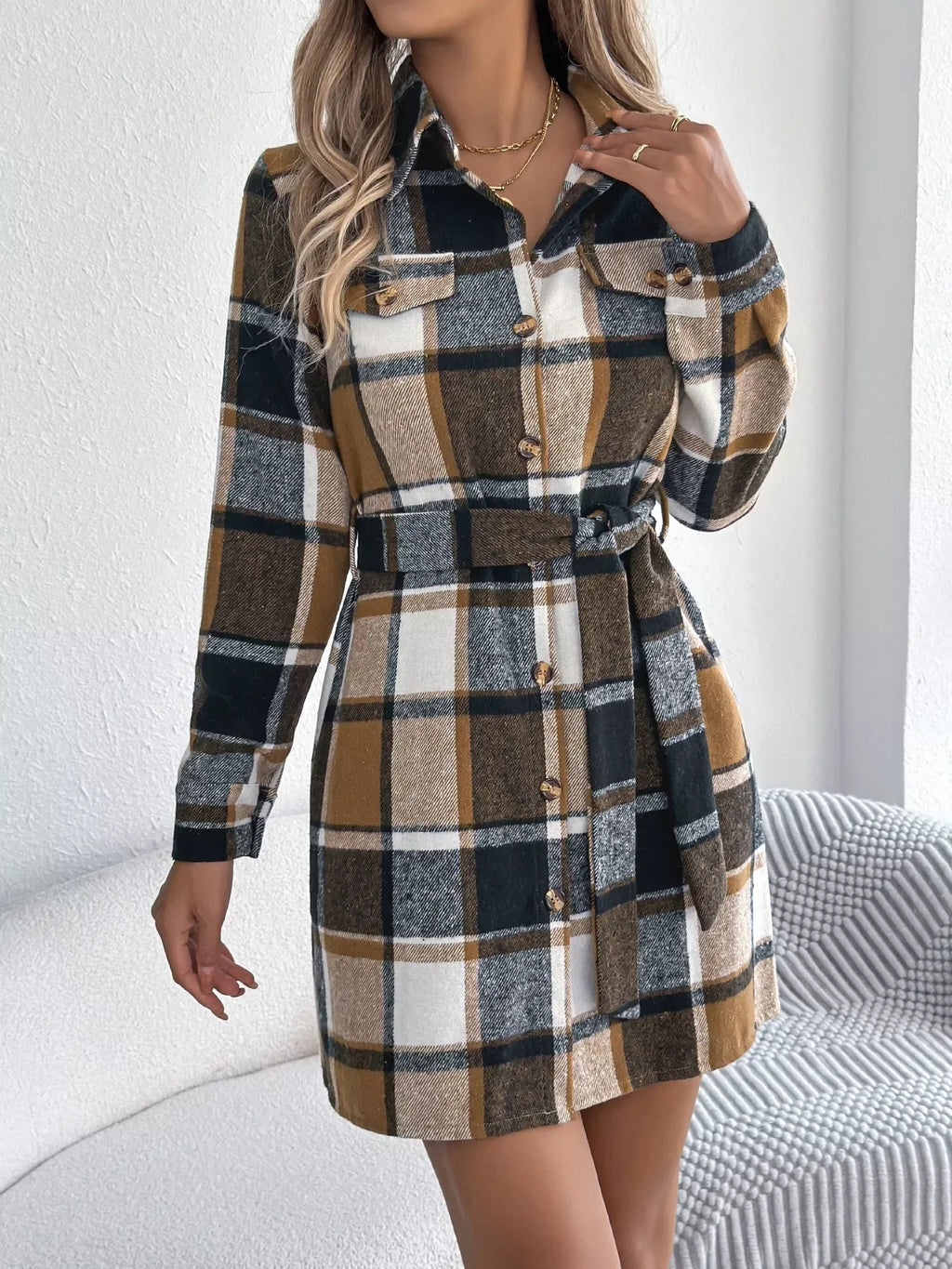 Green Plaid Belted Shirt Dress - View 12 | WEUXS