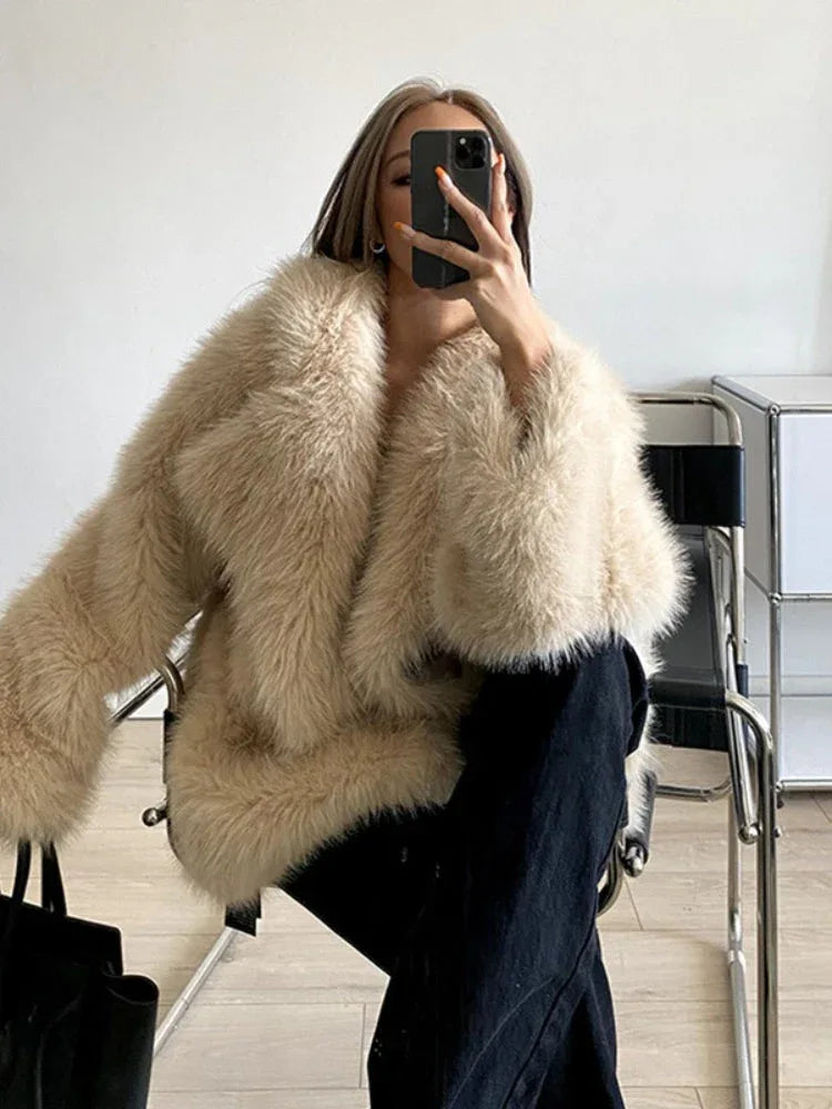 Aspen Champagne Shaggy Faux Fur Coat - WEUXS