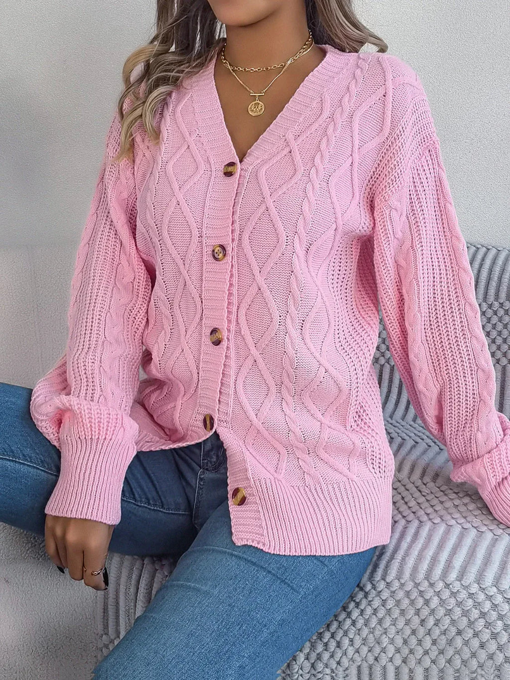 Pink Cable Knit Button Down Cardigan - View 6 | WEUXS