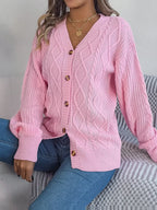 Pink Cable Knit Button Down Cardigan - View 6 | WEUXS