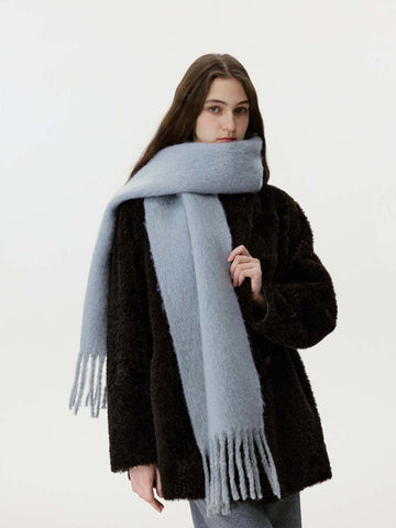Soft Dusty Blue Wool Blend Scarf with Extra Long Tassels