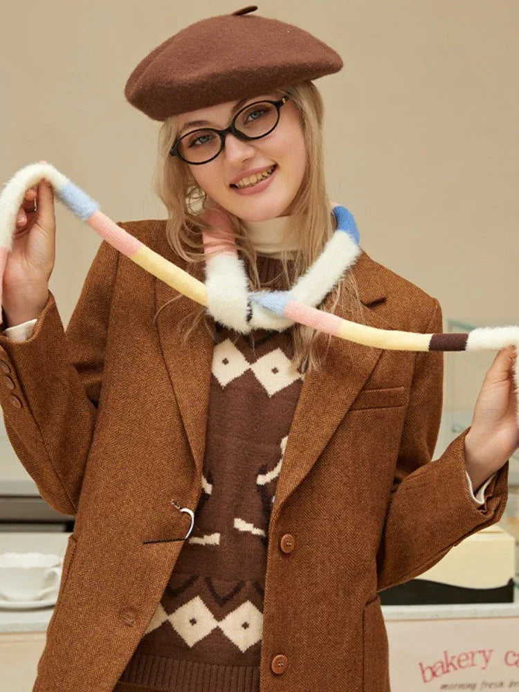 Woman smiling and holding a colorful striped scarf while wearing a brown blazer.