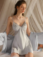 Embroidered Sheer Lace Satin Slip Dress - WEUXS