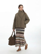 Vintage Olive Asymmetric Stand Collar Padded Jacket - View 6 | WEUXS