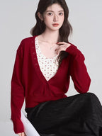 Full outfit view of the red knit cardigan and cami set