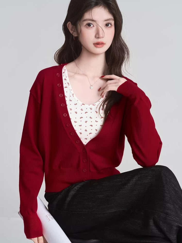 Full outfit view of the red knit cardigan and cami set