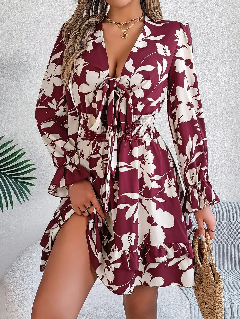 Floral Tie-Front Mini Dress - View 6 | WEUXS