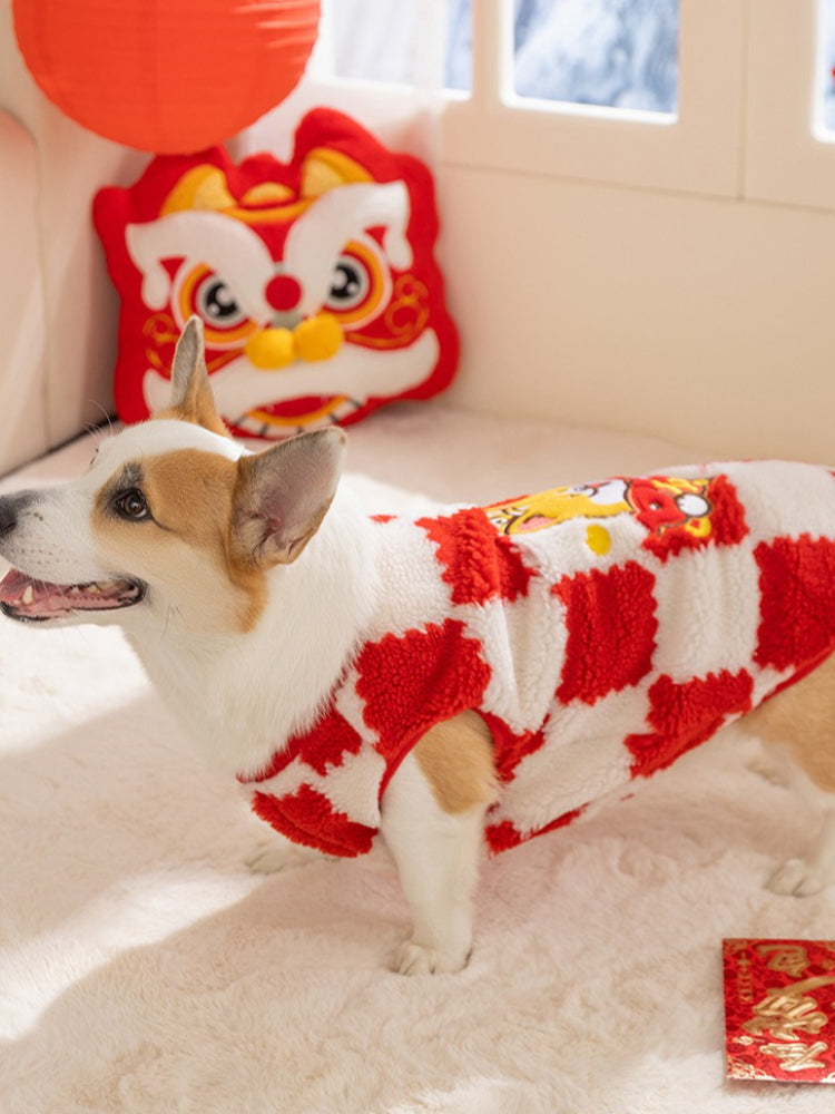 Red Checkerboard Corgi Fleece Vest Lunar New Year - View 6 | WEUXS