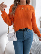 Burgundy Pointelle Knit Crew Neck Sweater with Lantern Sleeves - View 10 | WEUXS