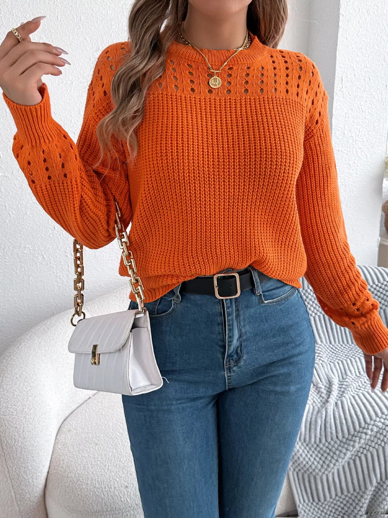 Burgundy Pointelle Knit Crew Neck Sweater with Lantern Sleeves - View 10 | WEUXS