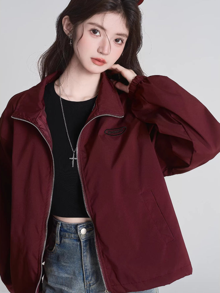Burgundy Oversized Utility Zip-Up Windbreaker Jacket
