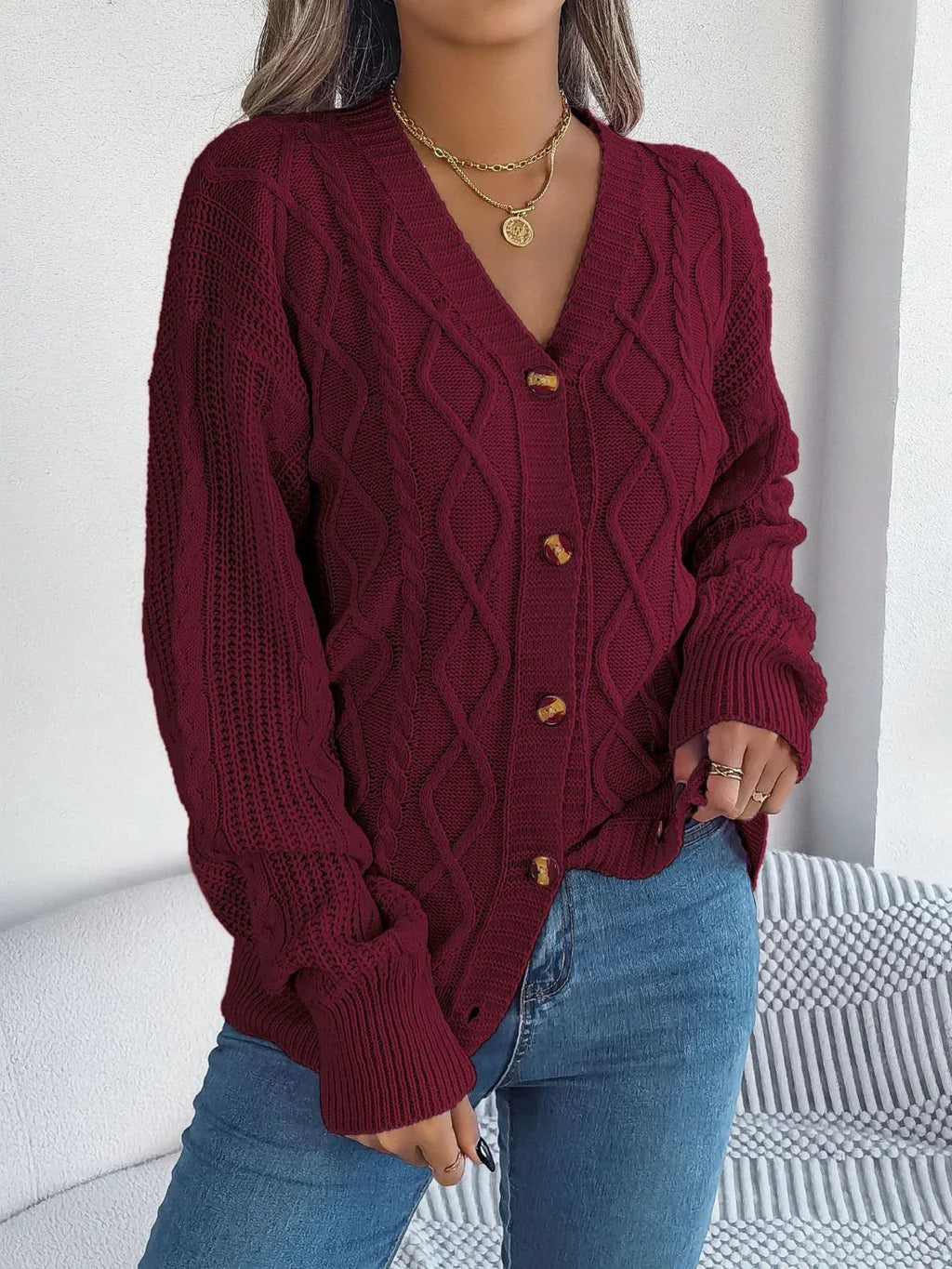 Pink Cable Knit Button Down Cardigan - View 9 | WEUXS