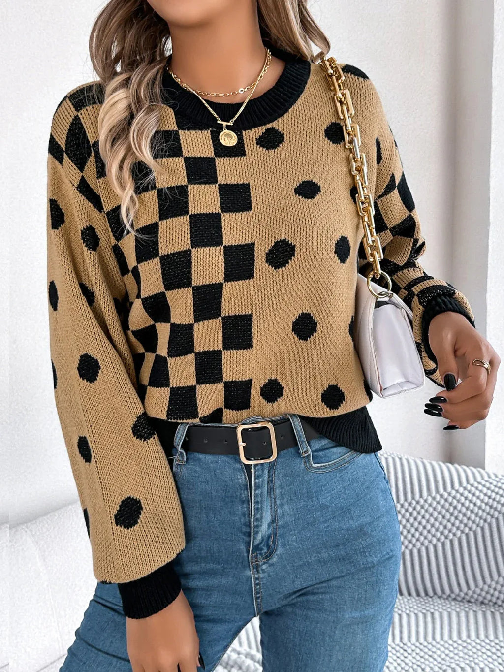 Gray polka dot and checkerboard knit sweater with crew neck and lantern sleeves. - View 16 | WEUXS