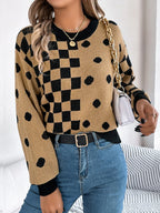 Gray polka dot and checkerboard knit sweater with crew neck and lantern sleeves. - View 16 | WEUXS