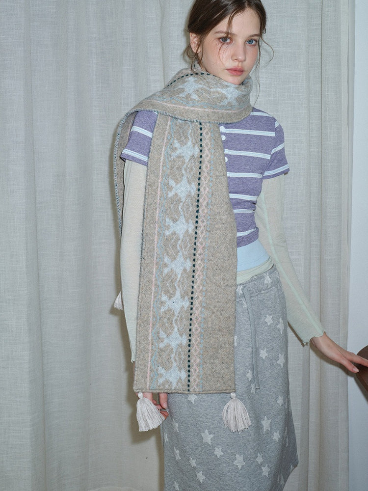 Wool Blend Fair Isle Knitted Scarf Beige Geometric Pattern with Corner Tassels Secondary image