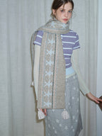 Wool Blend Fair Isle Knitted Scarf Beige Geometric Pattern with Corner Tassels