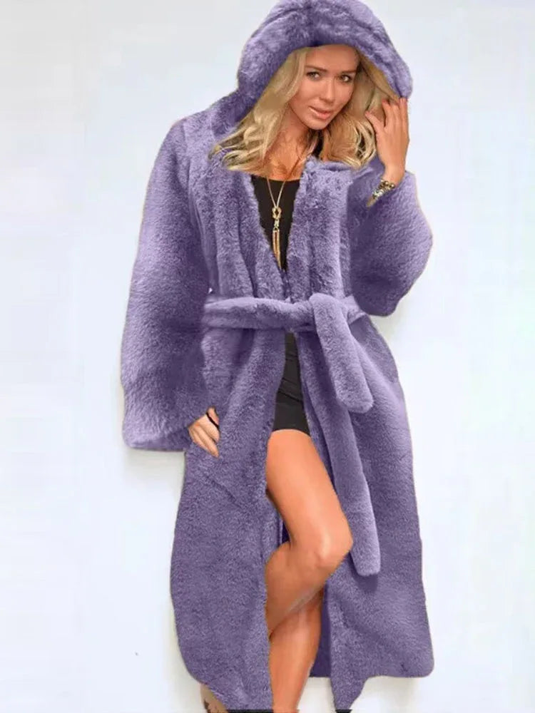 Midnight Noir Hooded Faux Mink Long Coat - View 8 | WEUXS