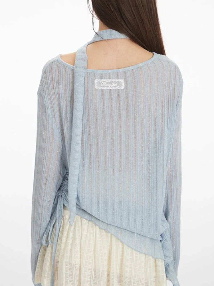 Light blue shimmer knit scarf top - View 6 | WEUXS