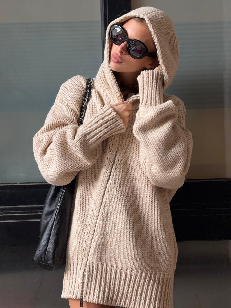 Asymmetrical Diagonal Zip Knit Hoodie