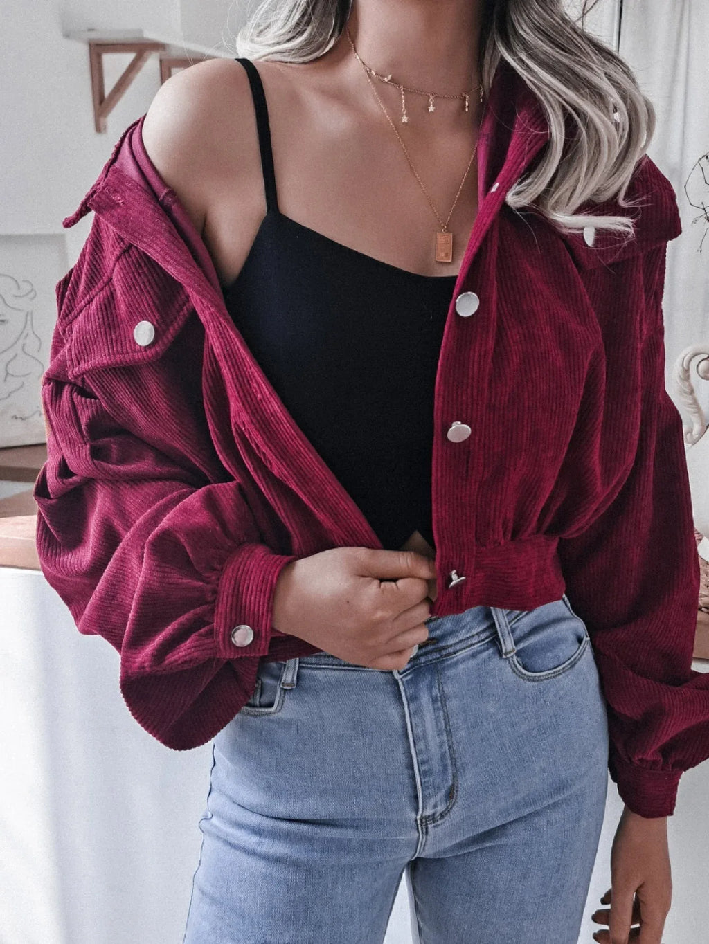 Cropped corduroy jacket with lantern sleeves - View 9 | WEUXS