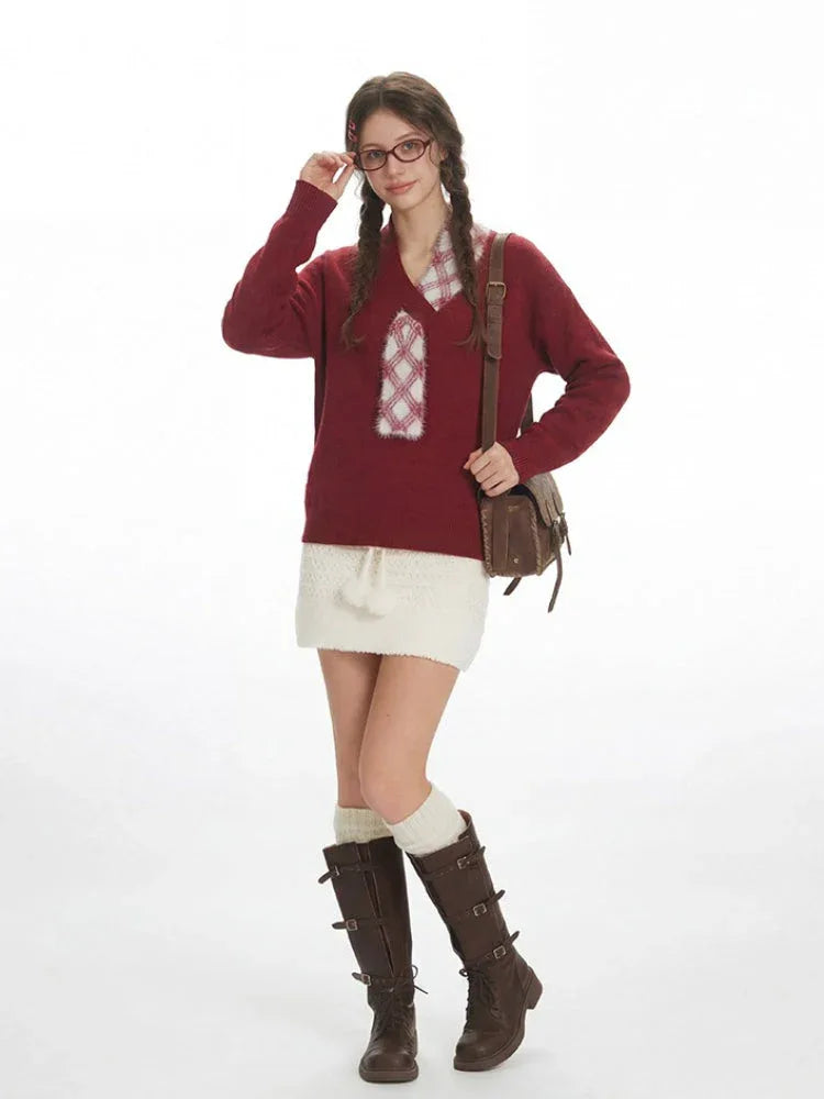 Woman wearing a burgundy V-neck knit sweater with a decorative plaid patch and a white textured mini skirt.