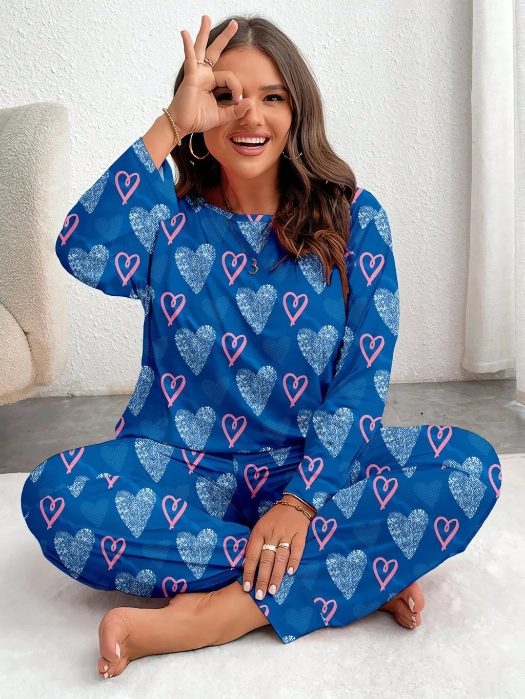 Plus Size Pink Heart Print Jogger Pajama Set - WEUXS