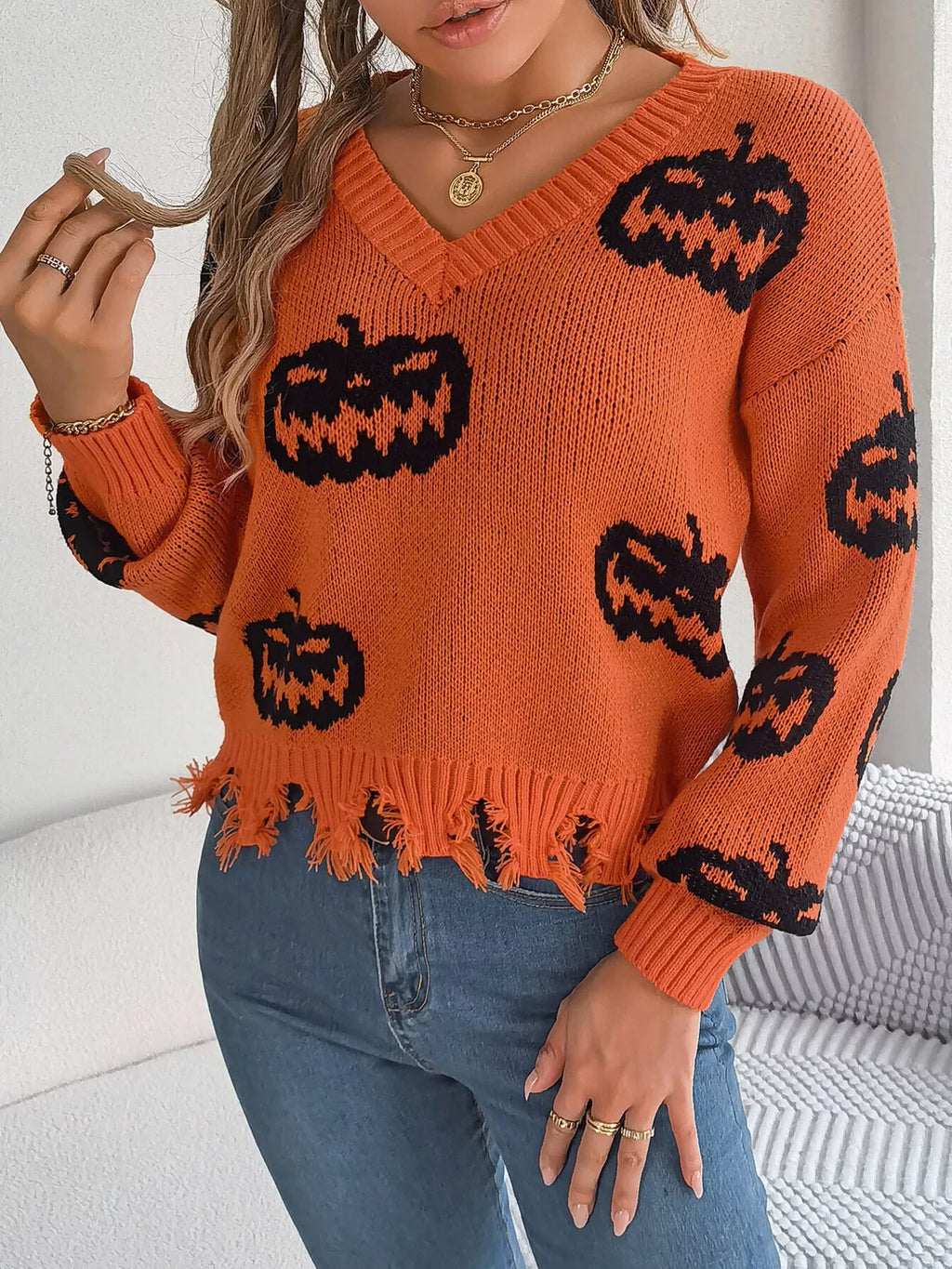 Edgy Distressed Pumpkin Knit Sweater - WEUXS