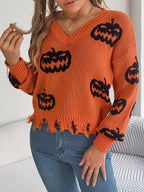 Edgy Distressed Pumpkin Knit Sweater - WEUXS