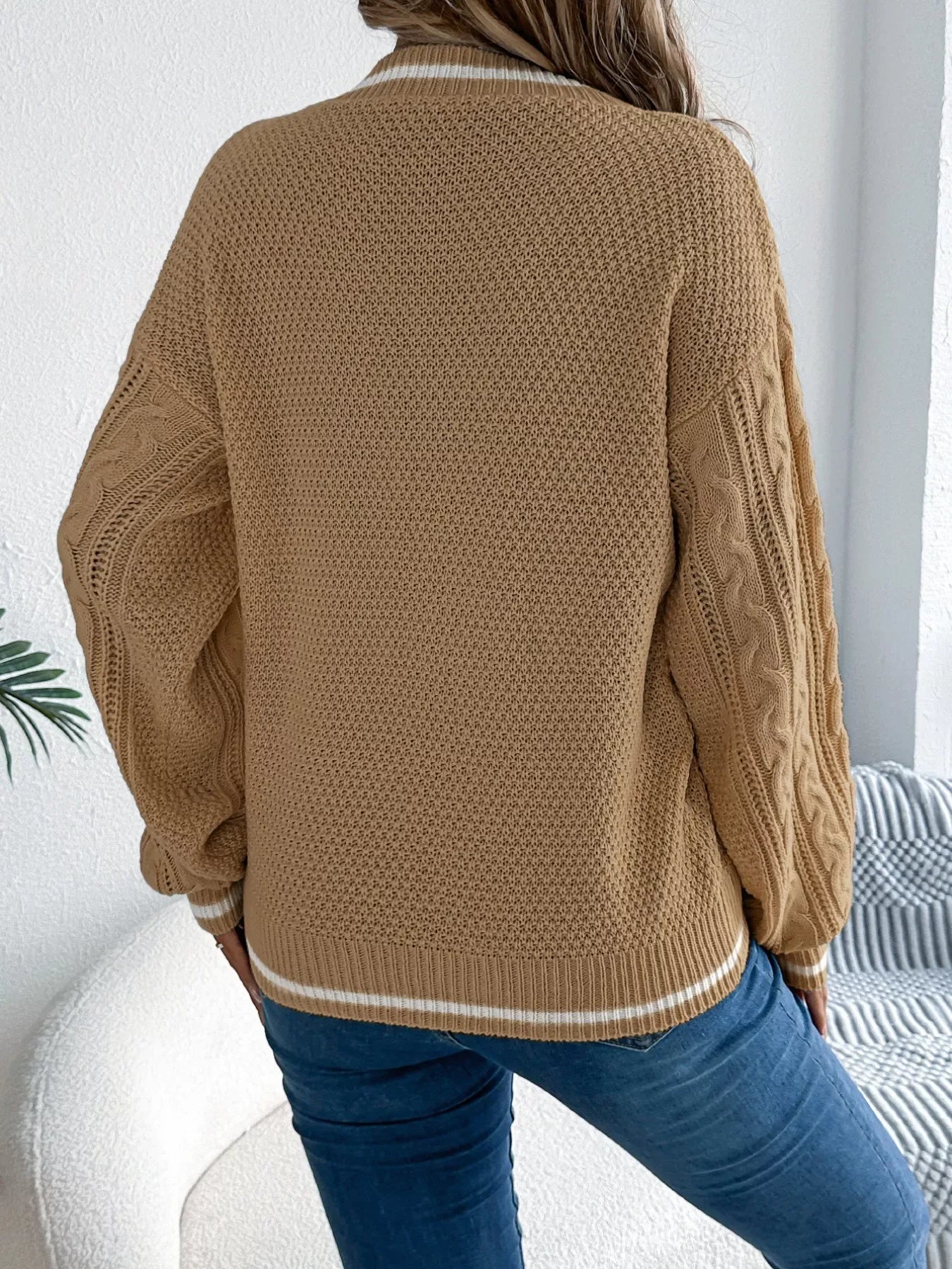 Sky Blue Preppy V-Neck Cable Knit Sweater - View 8 | WEUXS