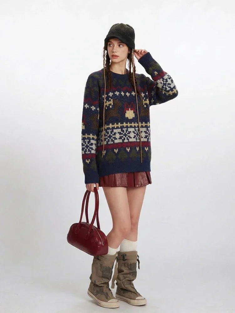 Woman adjusting her beanie while wearing a navy blue Fair Isle knit sweater and red mini skirt.