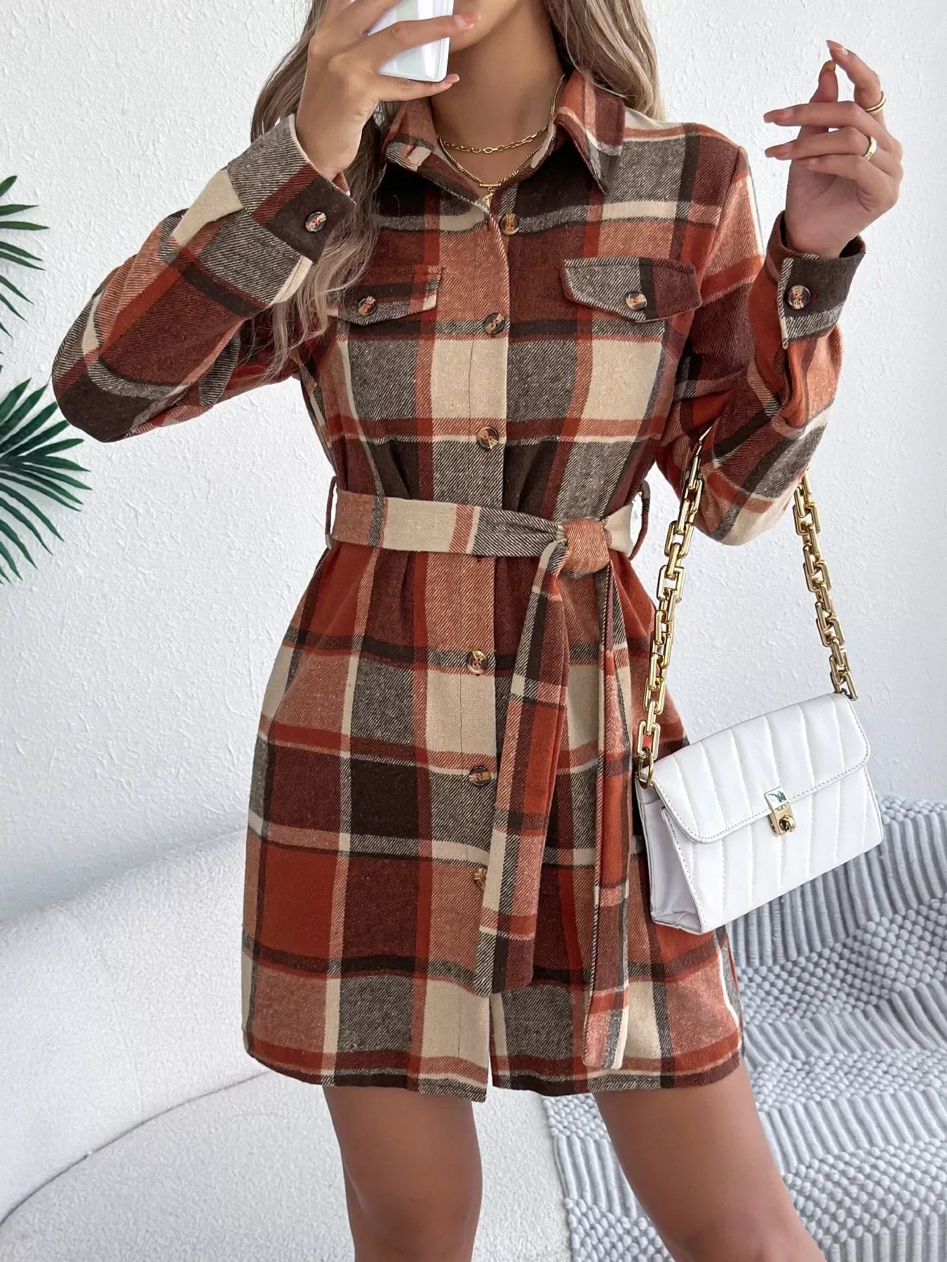 Green Plaid Belted Shirt Dress - View 17 | WEUXS