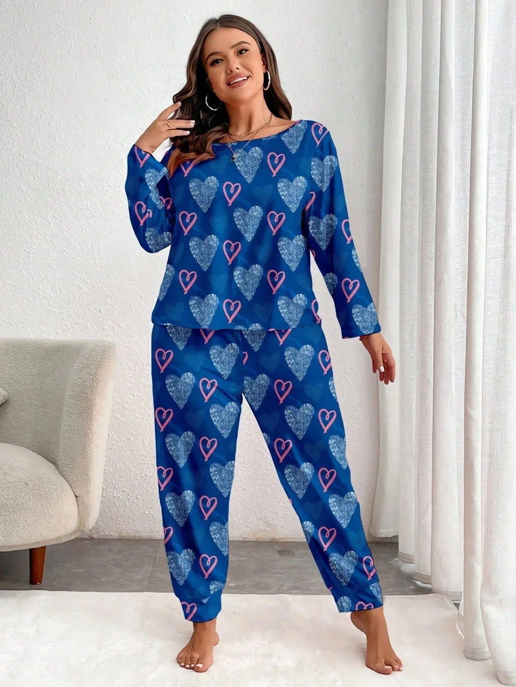 Plus Size Pink Heart Print Jogger Pajama Set - WEUXS